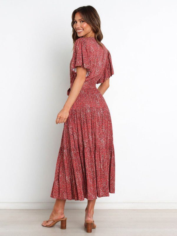 Robe mi-longue effet portefeuille à manches flottantes et imprimé floral pour femmes 