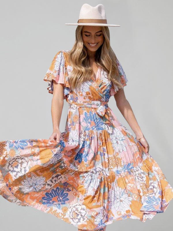 Robe mi-longue effet portefeuille à manches flottantes et imprimé floral pour femmes 