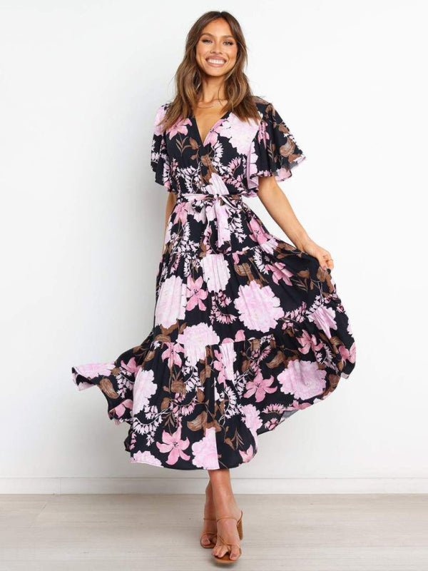 Robe mi-longue effet portefeuille à manches flottantes et imprimé floral pour femmes 