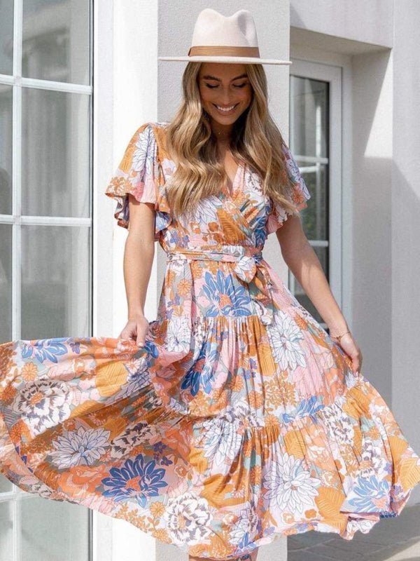 Robe mi-longue effet portefeuille à manches flottantes et imprimé floral pour femmes 