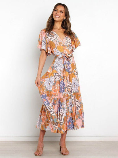 Robe mi-longue effet portefeuille à manches flottantes et imprimé floral pour femmes 