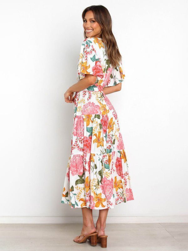 Robe mi-longue effet portefeuille à manches flottantes et imprimé floral pour femmes 