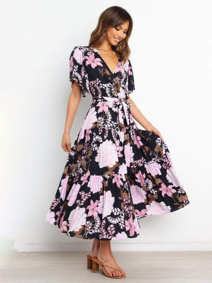 Robe mi-longue effet portefeuille à manches flottantes et imprimé floral pour femmes 