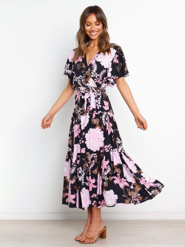 Robe mi-longue effet portefeuille à manches flottantes et imprimé floral pour femmes 