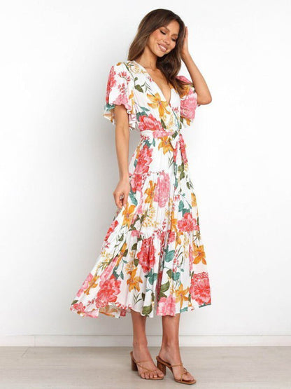 Robe mi-longue effet portefeuille à manches flottantes et imprimé floral pour femmes 