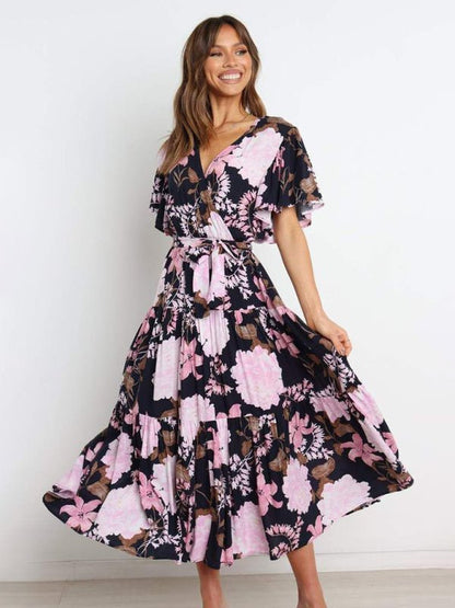 Robe mi-longue effet portefeuille à manches flottantes et imprimé floral pour femmes 