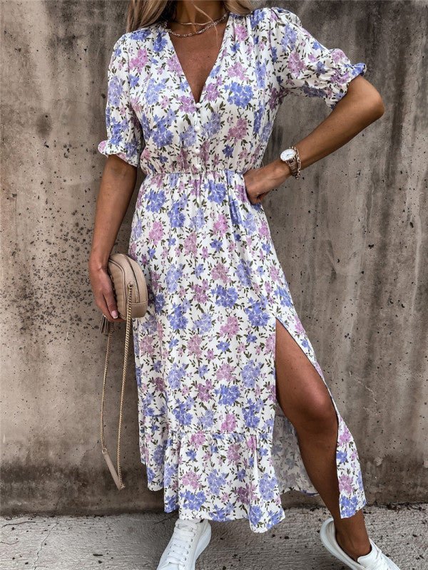 Robe à imprimé floral et col en V à manches courtes pour femmes 