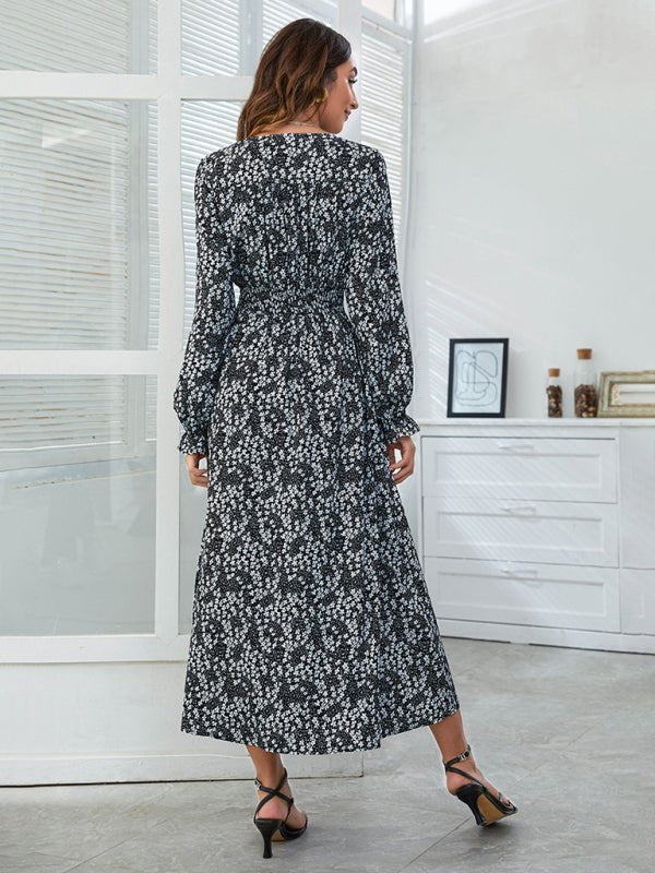 Robe midi à manches longues et taille smockée pour femme 