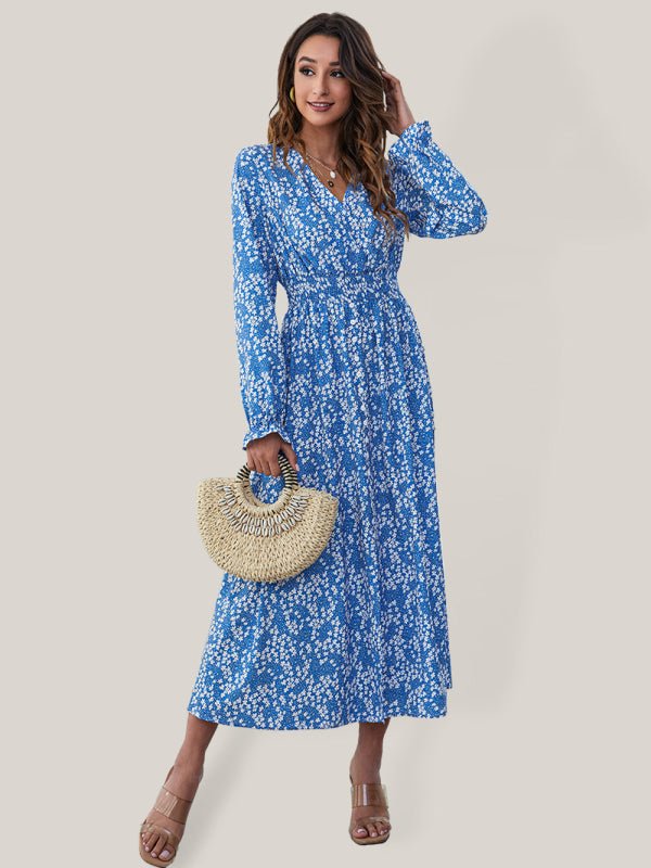Robe midi à manches longues et taille smockée pour femme