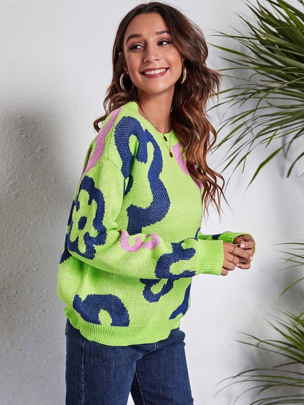 Pull tricoté à épaules dénudées en jacquard fleuri pour femme 