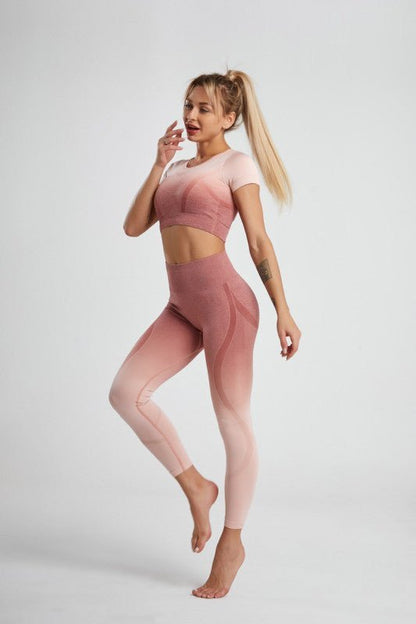 Costume deux pièces de yoga sans couture dégradé Hang Dye pour femmes 