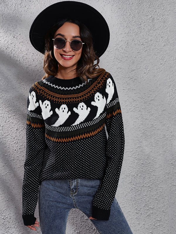 Halloween Ghost Retro Wave Point Langarm-Strickpullover für Damen 