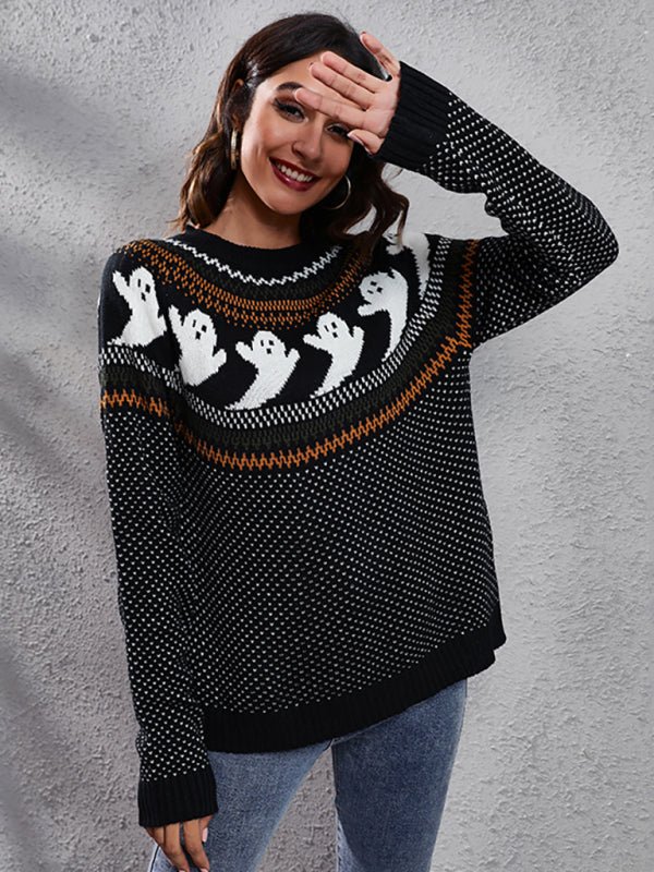 Halloween Ghost Retro Wave Point Langarm-Strickpullover für Damen 