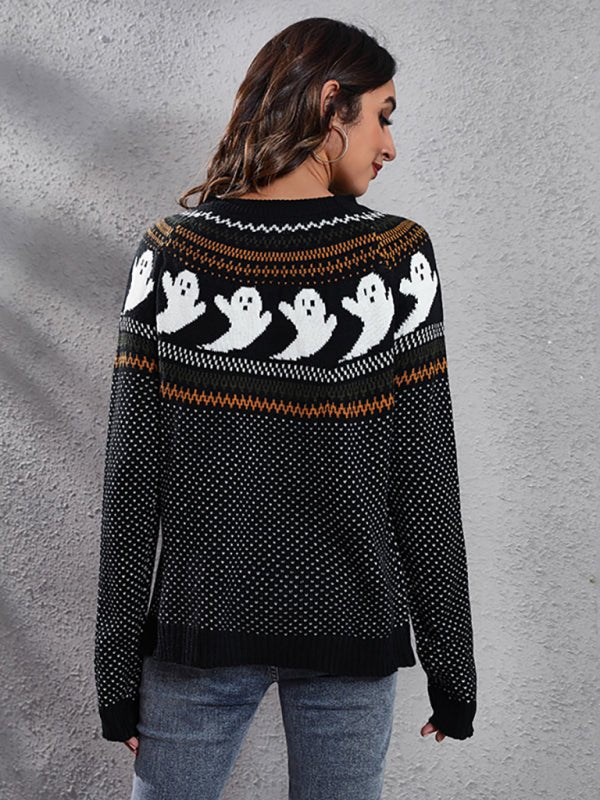 Halloween Ghost Retro Wave Point Langarm-Strickpullover für Damen 