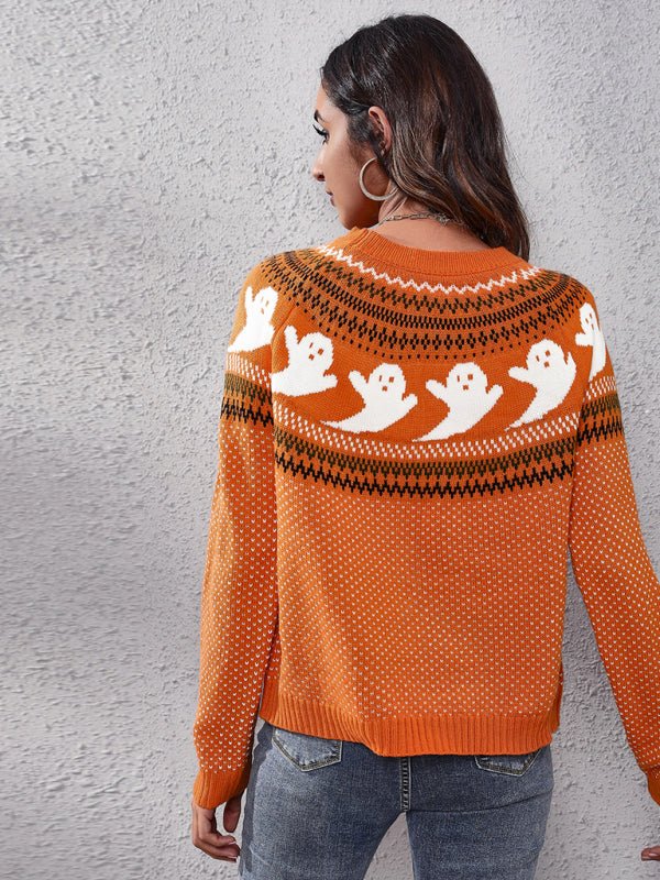 Halloween Ghost Retro Wave Point Langarm-Strickpullover für Damen 