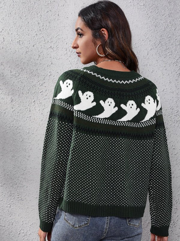 Pull tricoté à manches longues pour femmes, Halloween Ghost rétro, point ondulé 