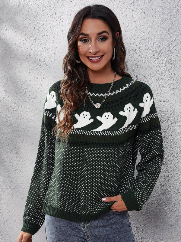 Halloween Ghost Retro Wave Point Langarm-Strickpullover für Damen 