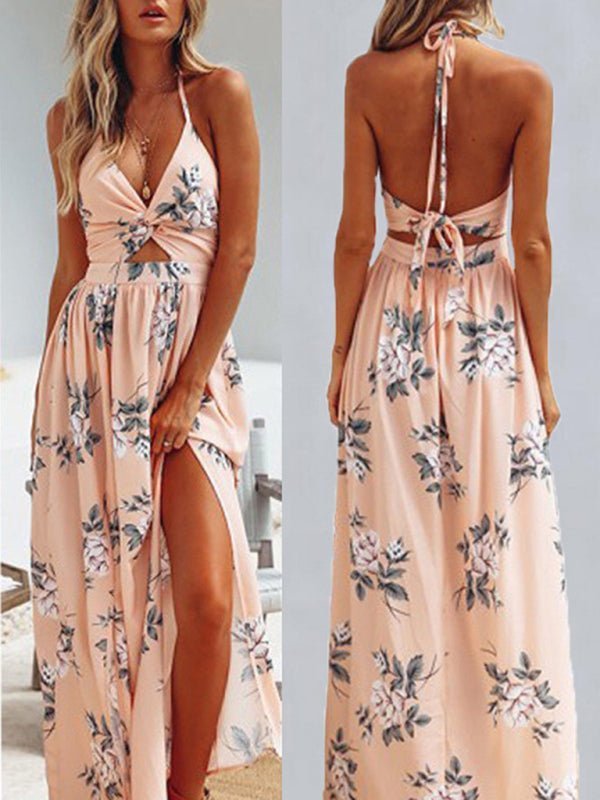 Robe de plage sexy fendue en mousseline de soie, col licou, imprimé, col en v, pour femmes 