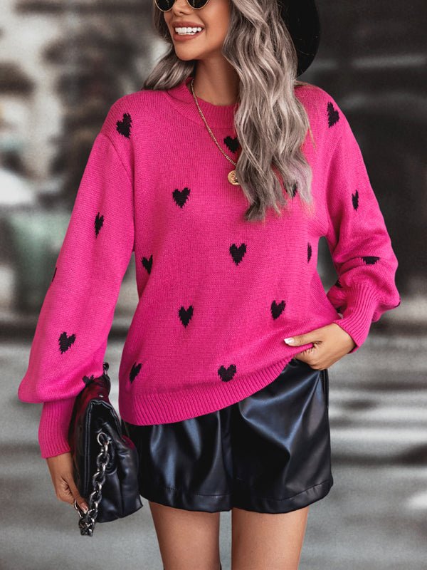 Women’s Heart Print Sweater With Mock Crew Neckline And Dropped Shoulders