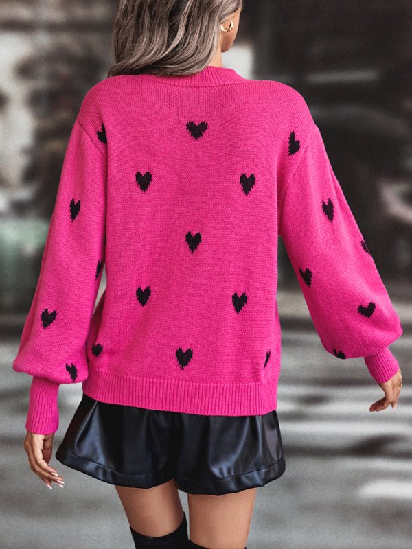 Women’s Heart Print Sweater With Mock Crew Neckline And Dropped Shoulders