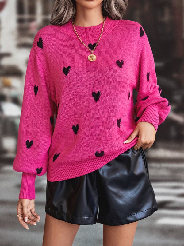 Women’s Heart Print Sweater With Mock Crew Neckline And Dropped Shoulders