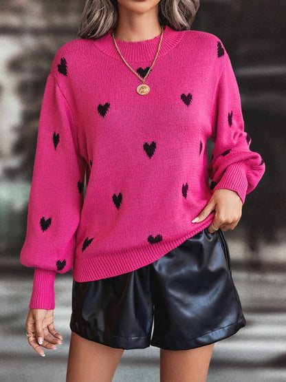 Women’s Heart Print Sweater With Mock Crew Neckline And Dropped Shoulders