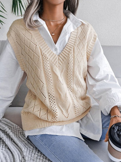 Damen-Strickpullover mit ausgehöhltem frittiertem Teig und V-Ausschnitt 