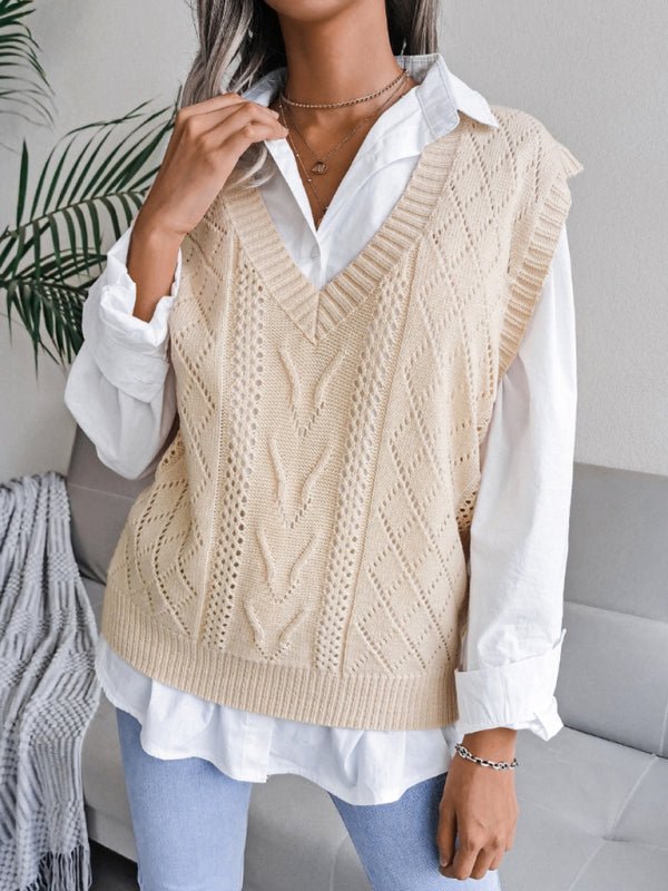 Damen-Strickpullover mit ausgehöhltem frittiertem Teig und V-Ausschnitt 