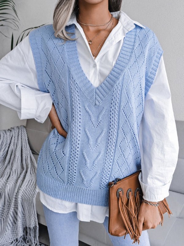 Gilet tricoté à col en v pour femmes, pull ajouré en pâte frite torsadé 