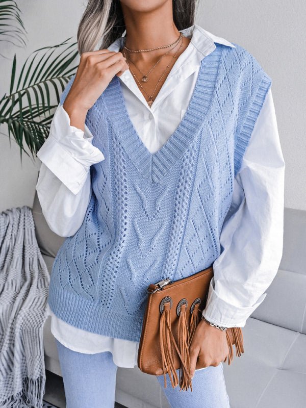 Damen-Strickpullover mit ausgehöhltem frittiertem Teig und V-Ausschnitt 