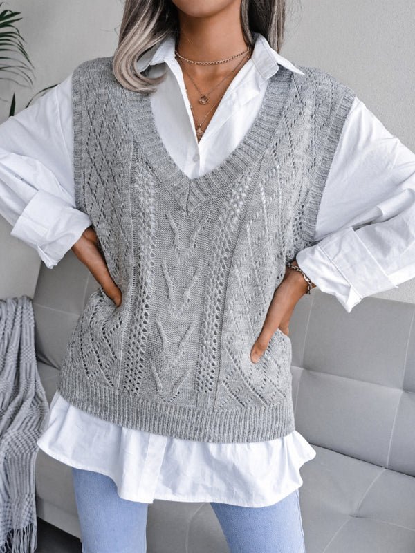 Damen-Strickpullover mit ausgehöhltem frittiertem Teig und V-Ausschnitt 