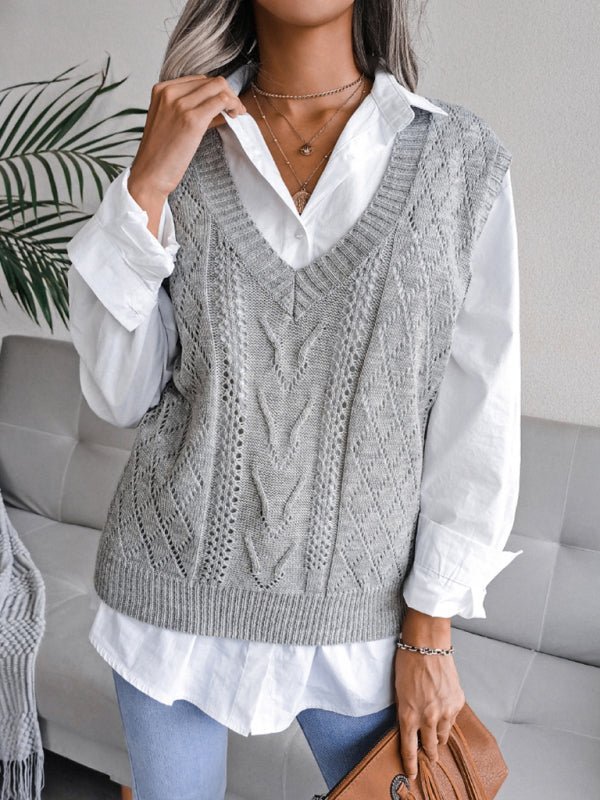 Damen-Strickpullover mit ausgehöhltem frittiertem Teig und V-Ausschnitt 