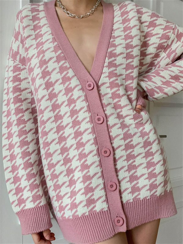 Cardigan en tricot imprimé boutonné sur le devant à manches longues et col en V pour femme 