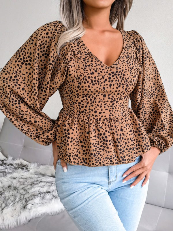 Langärmliges, lässiges Chiffon-Hemdoberteil mit Leopardenmuster für Damen von Lantern 