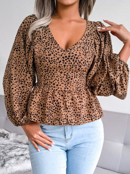 Langärmliges, lässiges Chiffon-Hemdoberteil mit Leopardenmuster für Damen von Lantern 