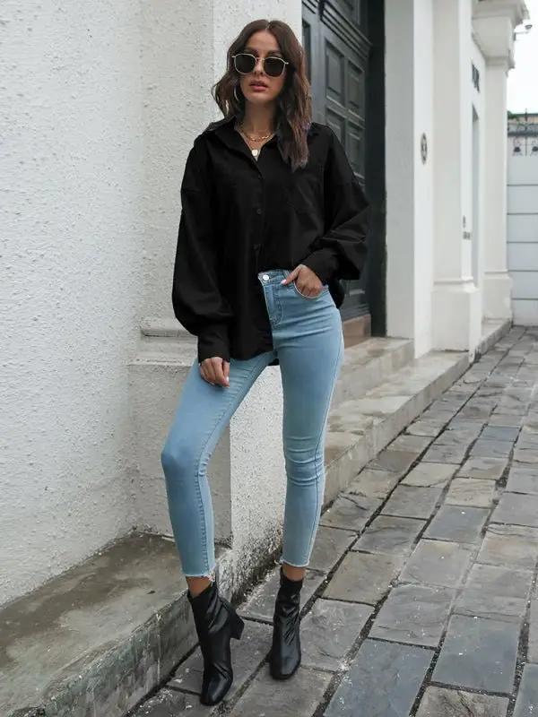 Chemise à manches longues à manches lanternes et épaules tombantes pour femmes 