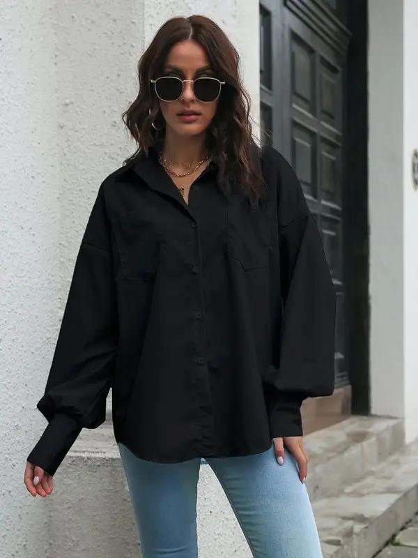 Chemise à manches longues à manches lanternes et épaules tombantes pour femmes 