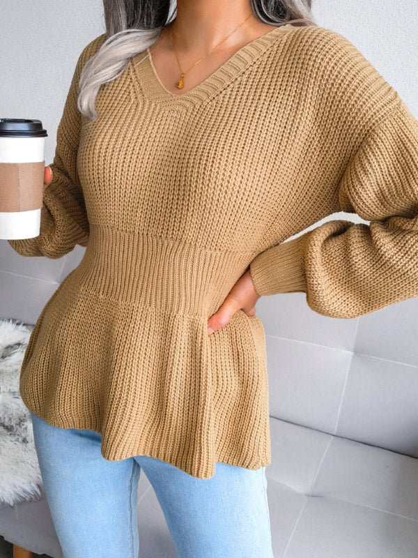 Damen-Strickpullover mit Laternenärmeln, Taille, geschlossenem Saum und Rüschen 