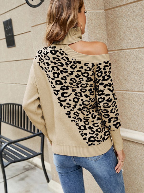 Damen-Pullover mit Revers-Leopardenmuster, sexy, schulterfrei 