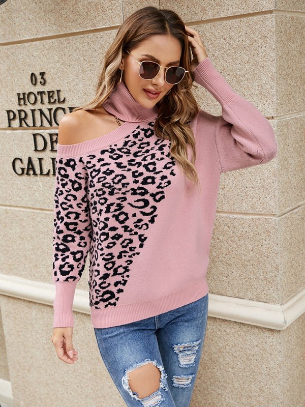 Damen-Pullover mit Revers-Leopardenmuster, sexy, schulterfrei 