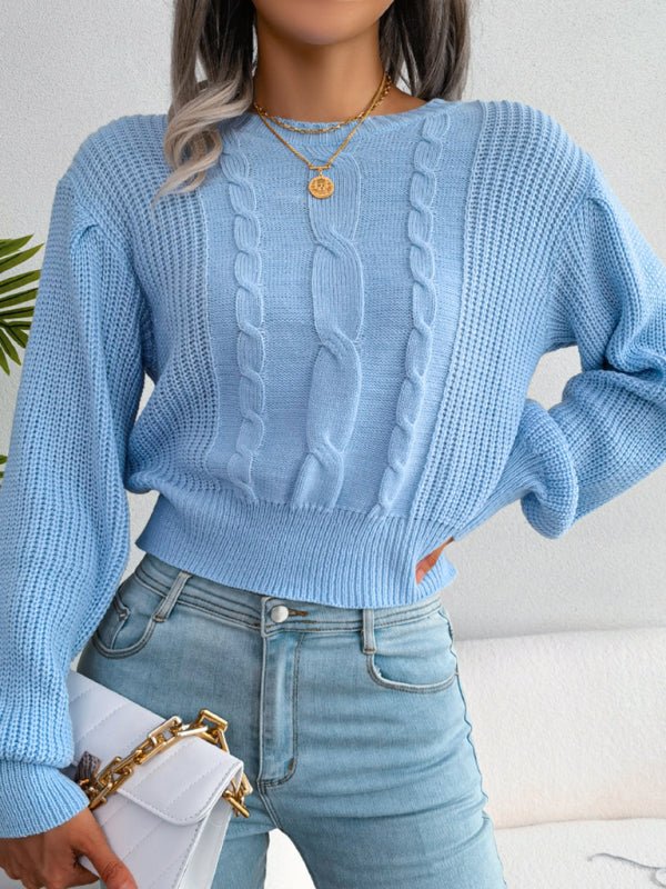 Pull en tricot à manches lanternes pour femmes, pull de loisirs en pâte frite torsadé à la taille 