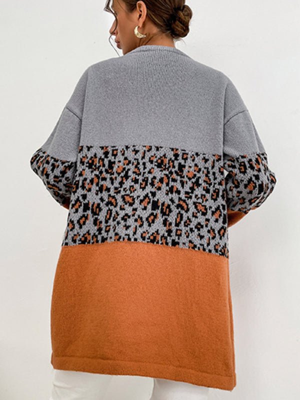Damen-Cardigan mit Leoparden-Kontrast und langen Ärmeln 