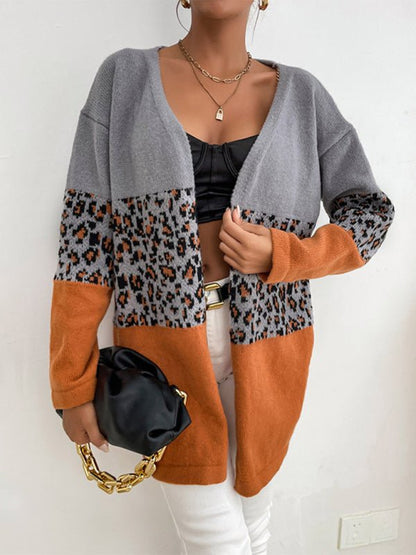 Damen-Cardigan mit Leoparden-Kontrast und langen Ärmeln 