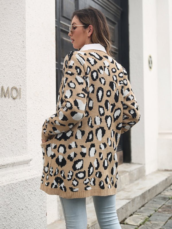 Cardigan jacquard léopard pour femme, pull long tricoté avec poches 