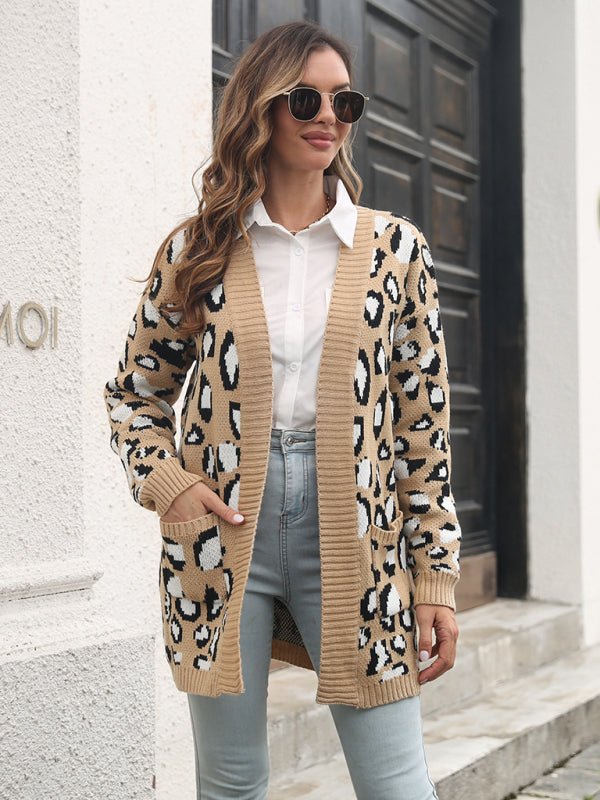 Cardigan jacquard léopard pour femme, pull long tricoté avec poches 