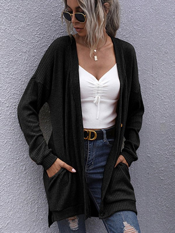 Langarm-Oberbekleidung für Damen, gestrickter Cardigan-Pullover mit V-Ausschnitt 