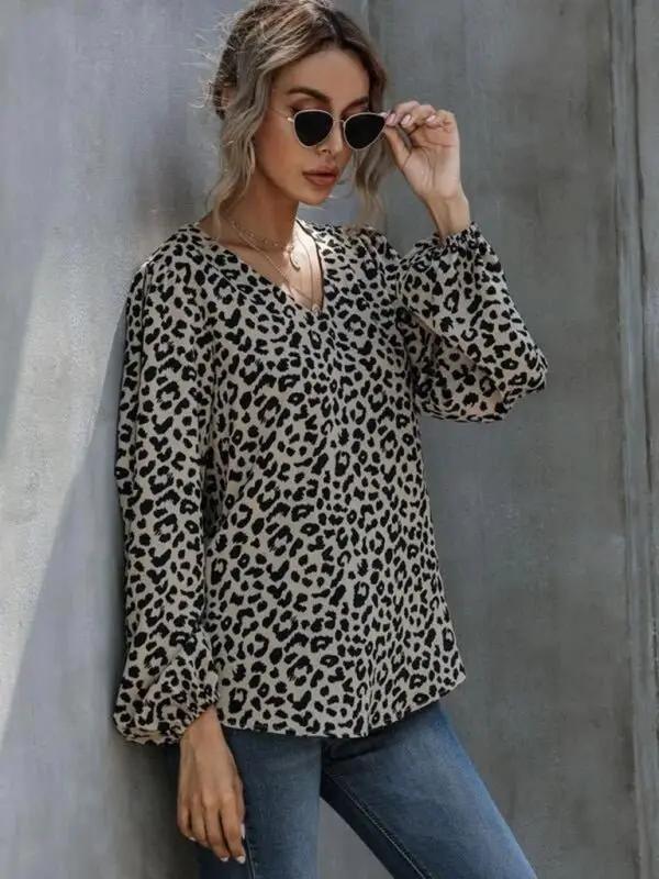 Women’s Loose Fit Leopard Print Vneck Blouse With Long Puffed Sleeves