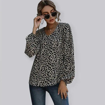 Women’s Loose Fit Leopard Print Vneck Blouse With Long Puffed Sleeves