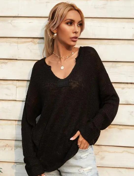 Pull ample à manches longues et col en V pour femme 