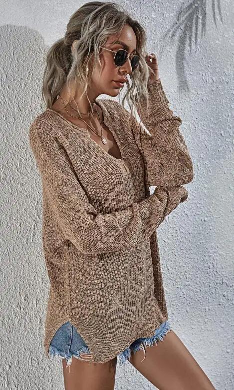 Damen-Pullover mit lockerem V-Ausschnitt und langen Ärmeln 